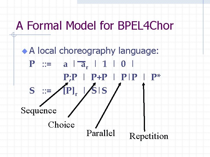 A Formal Model for BPEL 4 Chor u. A local choreography language: P :