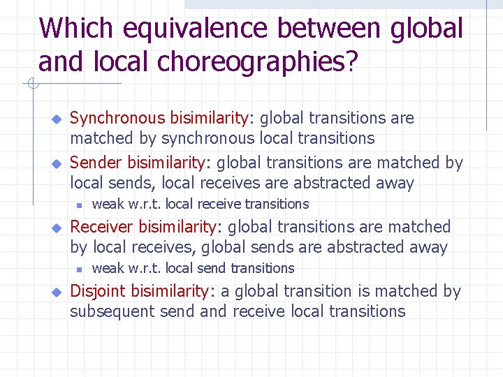 Which equivalence between global and local choreographies? u u Synchronous bisimilarity: global transitions are