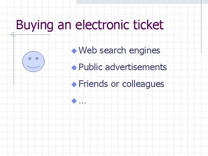 Buying an electronic ticket u Web search engines u Public advertisements u Friends u…