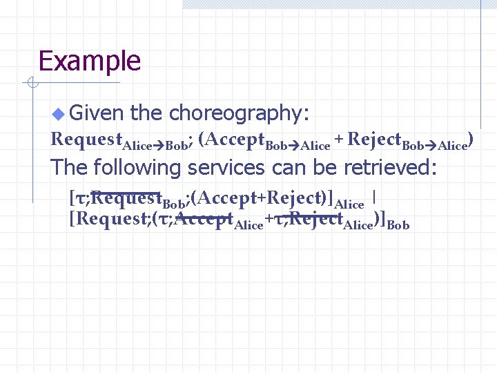 Example u Given the choreography: Request. Alice Bob; (Accept. Bob Alice + Reject. Bob