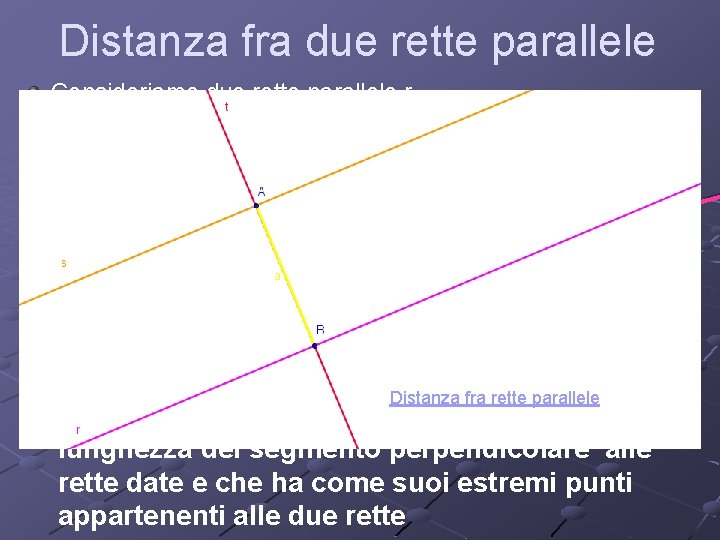 Distanza fra due rette parallele Consideriamo due rette parallele r ed s appartenenti al