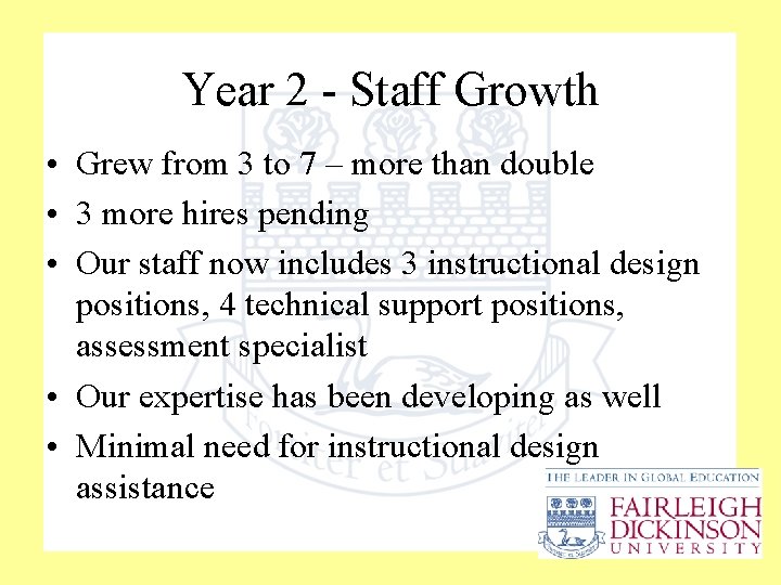 Year 2 - Staff Growth • Grew from 3 to 7 – more than