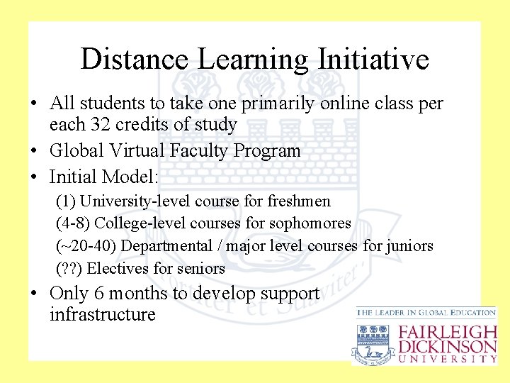 Distance Learning Initiative • All students to take one primarily online class per each