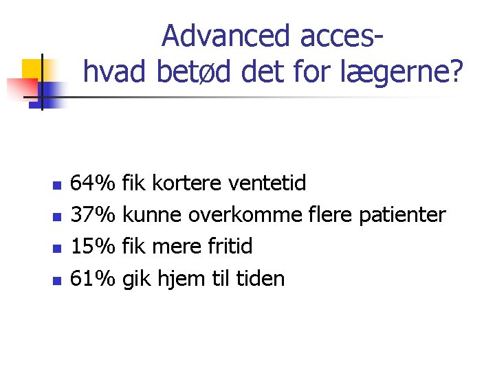 Advanced acceshvad betød det for lægerne? n n 64% 37% 15% 61% fik kortere