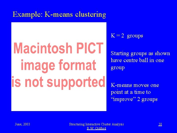 Example: K-means clustering K = 2 groups Starting groups as shown have centre ball