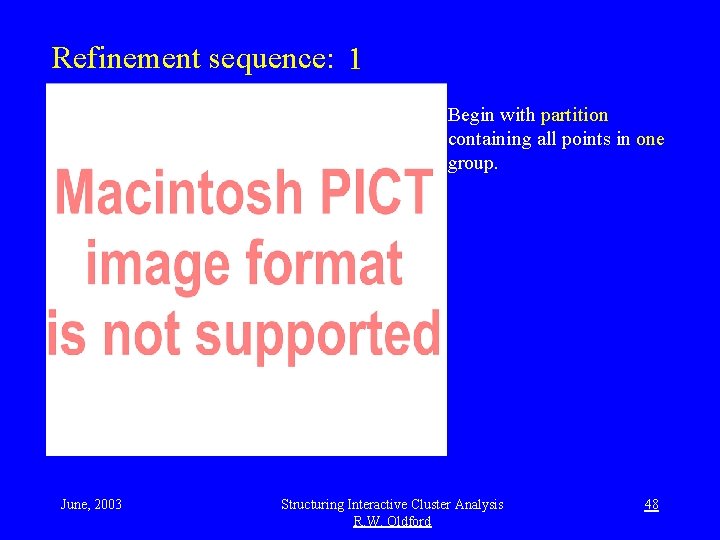 Refinement sequence: 1 Begin with partition containing all points in one group. June, 2003