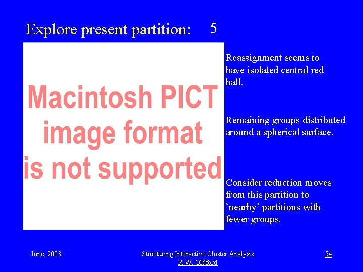 Explore present partition: 5 Reassignment seems to have isolated central red ball. Remaining groups