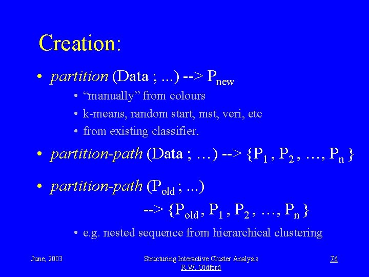 Creation: • partition (Data ; . . . ) --> Pnew • “manually” from