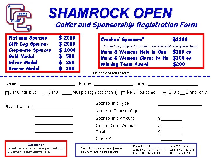 SHAMROCK OPEN Golfer and Sponsorship Registration Form Platinum Sponsor Gift Bag Sponsor Corporate Sponsor