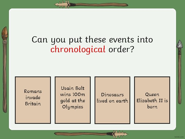 Can you put these events into chronological order? Romans invade Britain Usain Bolt wins
