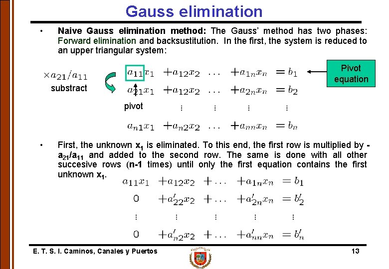 Gauss elimination • Naive Gauss elimination method: The Gauss’ method has two phases: Forward