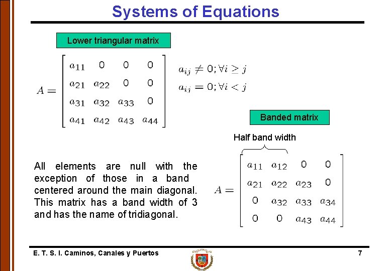 Systems of Equations Lower triangular matrix Banded matrix Half band width All elements are