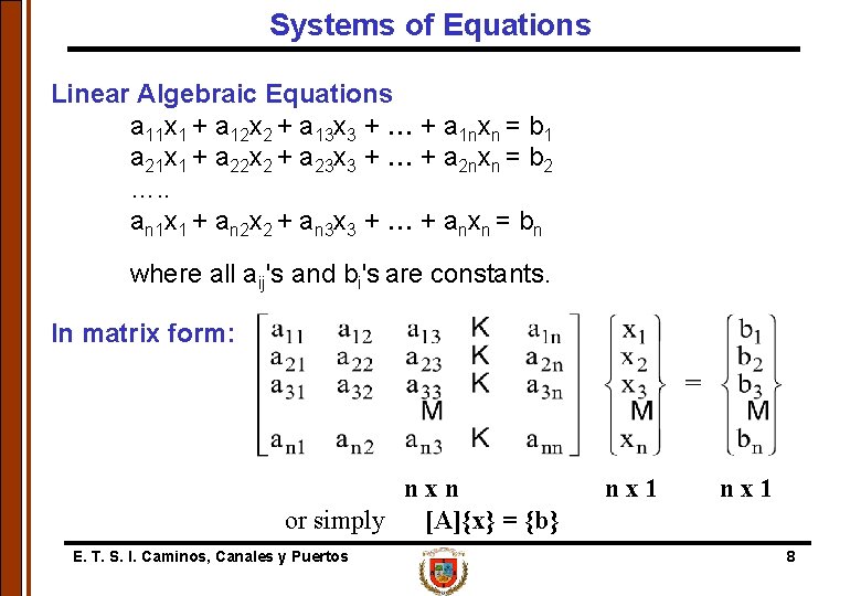 Systems of Equations Linear Algebraic Equations a 11 x 1 + a 12 x