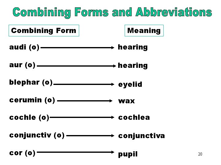 Combining Forms & Combining Form Meaning Abbreviations (audi) audi (o) hearing aur (o) hearing