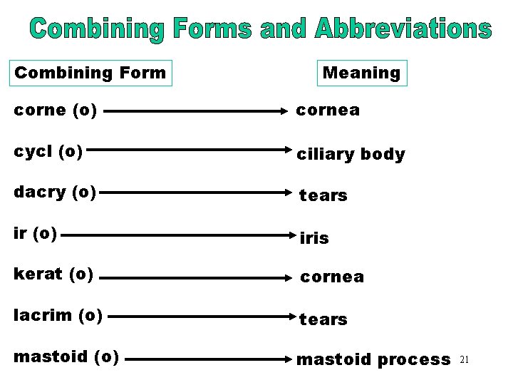 Combining Forms & Combining Form Meaning Abbreviations (corne) corne (o) cornea cycl (o) ciliary