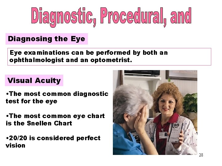 Diagnosing the Eye Eye examinations can be performed by both an ophthalmologist and an
