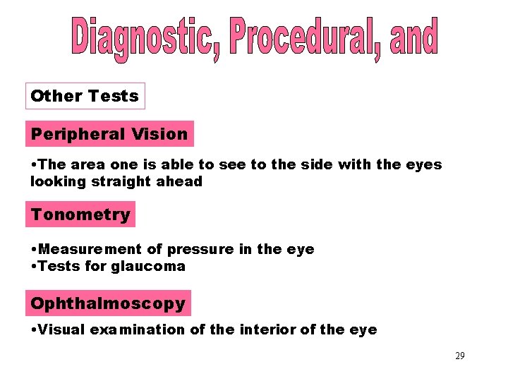 Other Tests Peripheral Vision • The area one is able to see to the