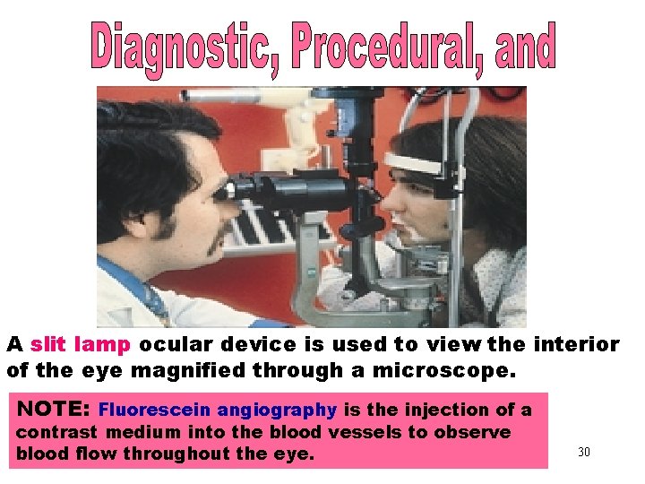 Diagnostic, Procedural & Laboratory Terms A slit lamp ocular device is used to view