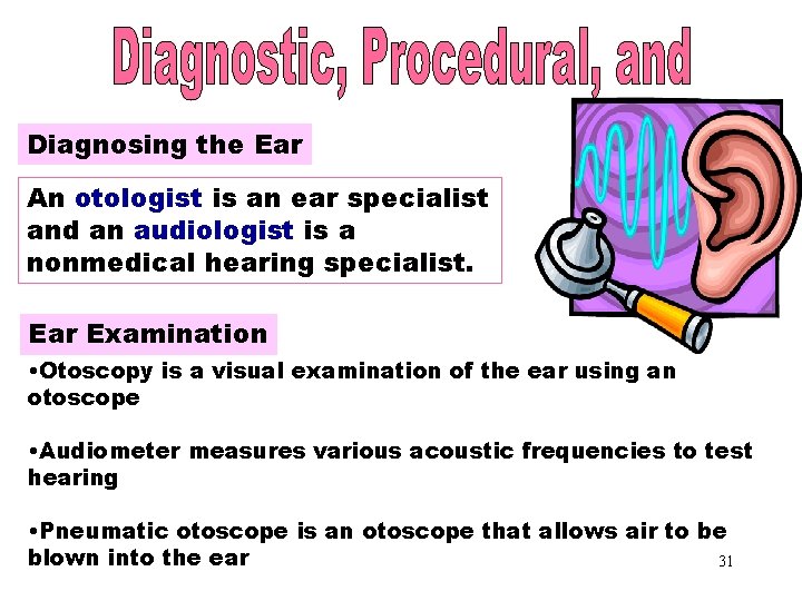 Diagnosing the Ear An otologist is an ear specialist and an audiologist is a