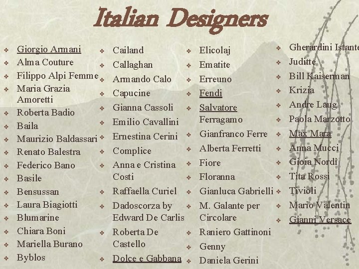 v v v v Italian Designers Giorgio Armani v Alma Couture v Filippo Alpi