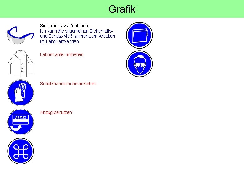 Grafik Sicherheits-Maßnahmen. Ich kann die allgemeinen Sicherheitsund Schutz-Maßnahmen zum Arbeiten im Labor anwenden. Labormantel