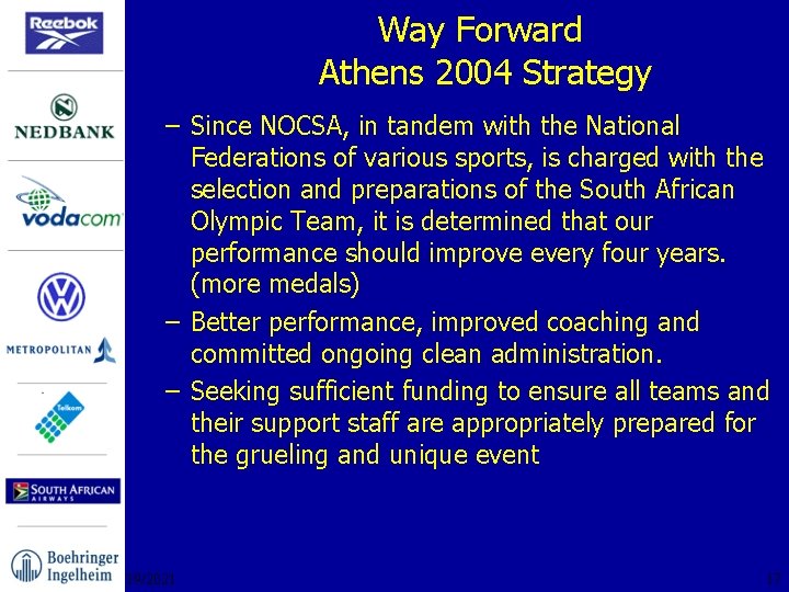 Way Forward Athens 2004 Strategy – Since NOCSA, in tandem with the National Federations