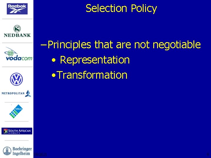 Selection Policy – Principles that are not negotiable • Representation • Transformation 12/19/2021 9