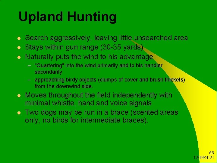 Upland Hunting l l l Search aggressively, leaving little unsearched area Stays within gun