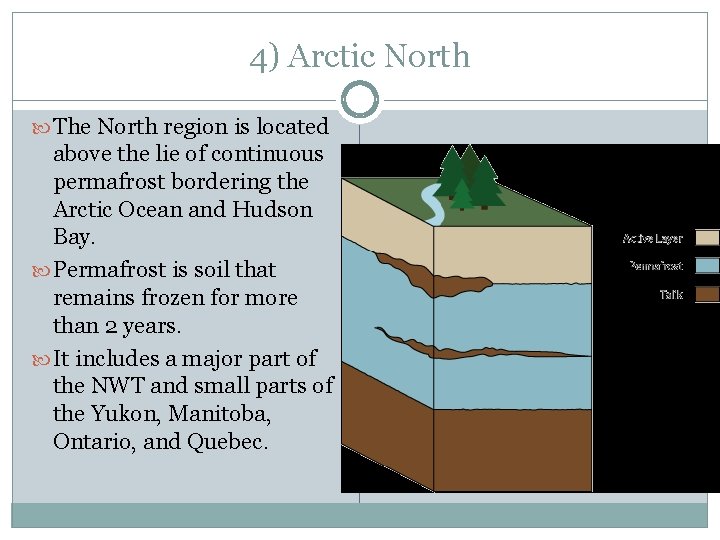 4) Arctic North The North region is located above the lie of continuous permafrost 4) Arctic North The North region is located above the lie of continuous permafrost