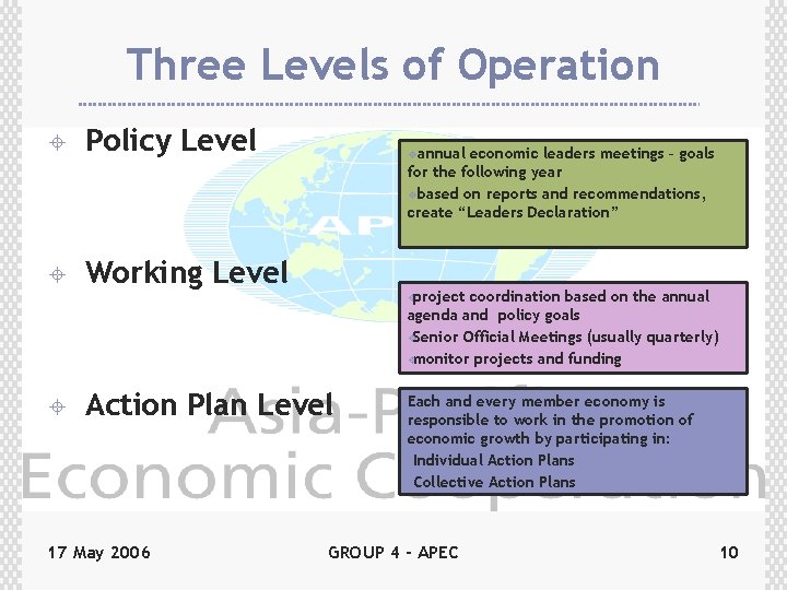 Three Levels of Operation ± Policy Level ± Working Level ± Action Plan Level