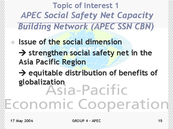 Topic of Interest 1 APEC Social Safety Net Capacity Building Network (APEC SSN CBN)