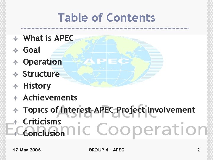 Table of Contents ± ± ± ± ± What is APEC Goal Operation Structure