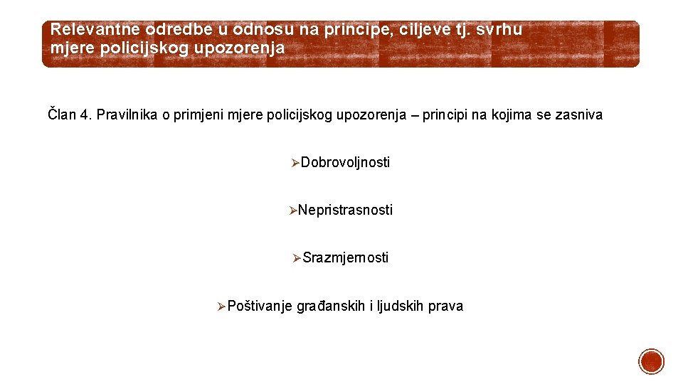 Relevantne odredbe u odnosu na principe, ciljeve tj. svrhu mjere policijskog upozorenja Član 4.