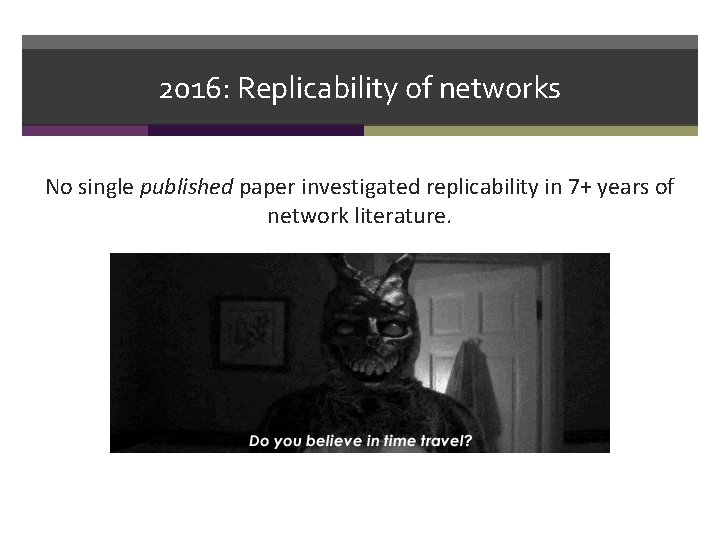 2016: Replicability of networks No single published paper investigated replicability in 7+ years of