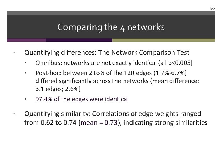60 Comparing the 4 networks • Quantifying differences: The Network Comparison Test • •