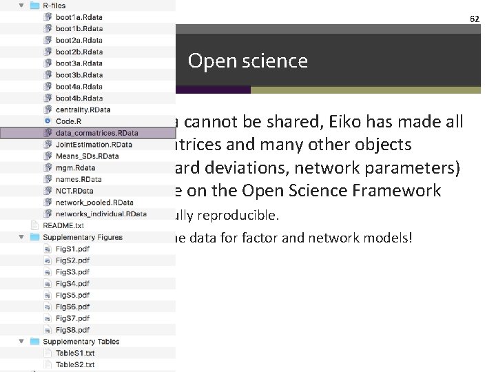 62 Open science • While the data cannot be shared, Eiko has made all