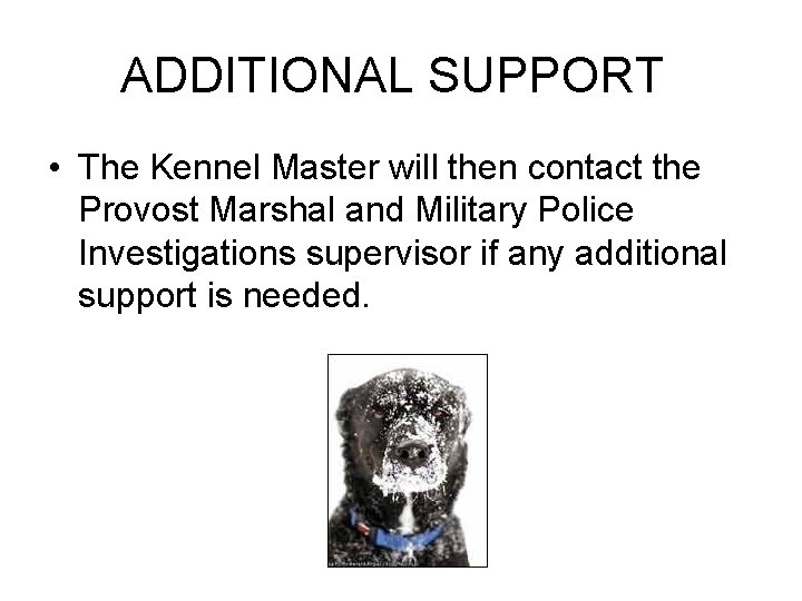 ADDITIONAL SUPPORT • The Kennel Master will then contact the Provost Marshal and Military