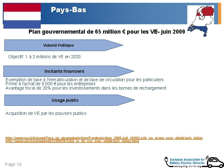 Pays-Bas Plan gouvernemental de 65 million € pour les VE- juin 2009 Volonté Politique Pays-Bas Plan gouvernemental de 65 million € pour les VE- juin 2009 Volonté Politique