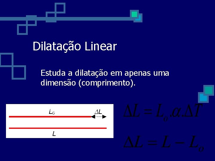Dilatação Linear Estuda a dilatação em apenas uma dimensão (comprimento). 