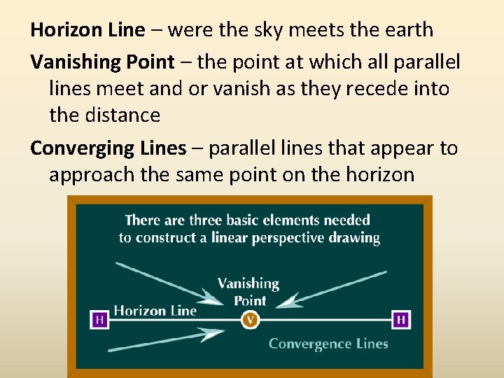 Horizon Line – were the sky meets the earth Vanishing Point – the point