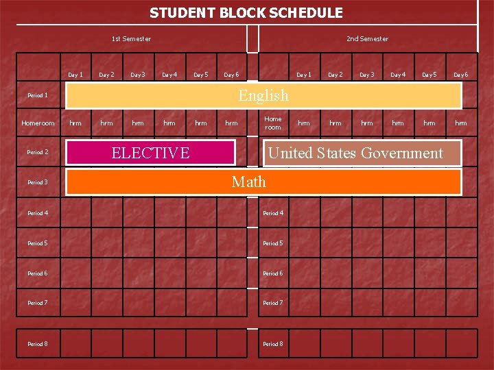 STUDENT BLOCK SCHEDULE 1 st Semester Day Period 1 Day 2 Day 3 2