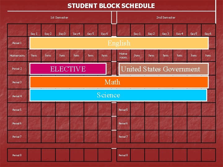 STUDENT BLOCK SCHEDULE 1 st Semester Day Period 1 Day 2 Day 3 2