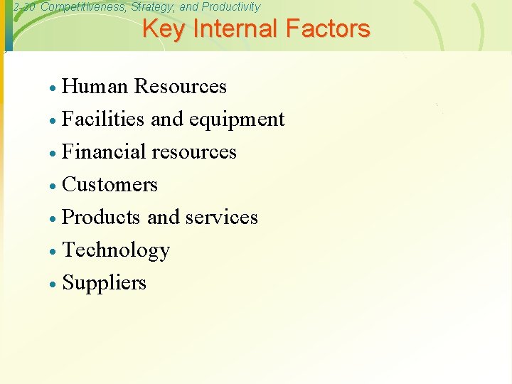 2 -20 Competitiveness, Strategy, and Productivity Key Internal Factors Human Resources · Facilities and