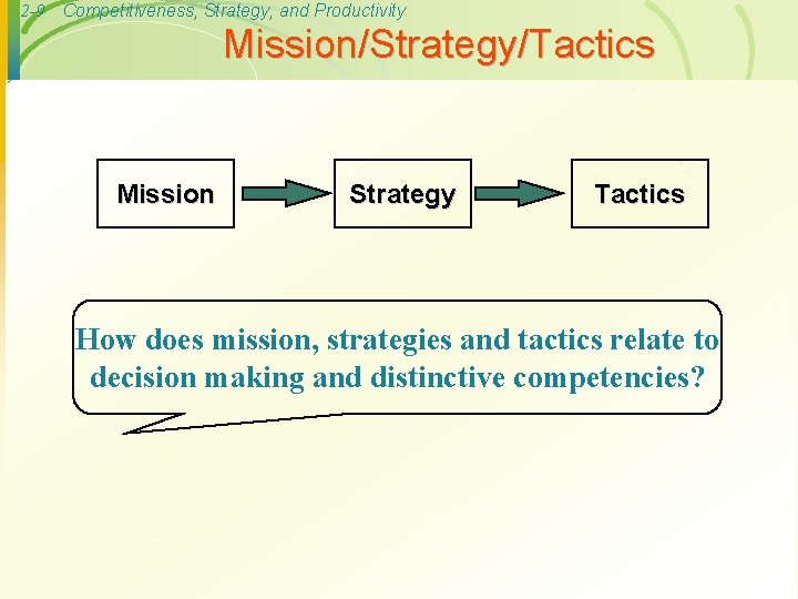 2 -9 Competitiveness, Strategy, and Productivity Mission/Strategy/Tactics Mission Strategy Tactics How does mission, strategies