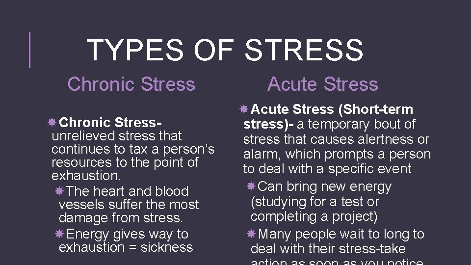 TYPES OF STRESS Chronic Stressunrelieved stress that continues to tax a person’s resources to
