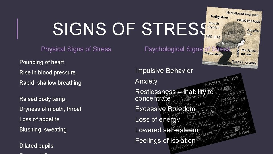 SIGNS OF STRESS Physical Signs of Stress Psychological Signs of Stress Pounding of heart