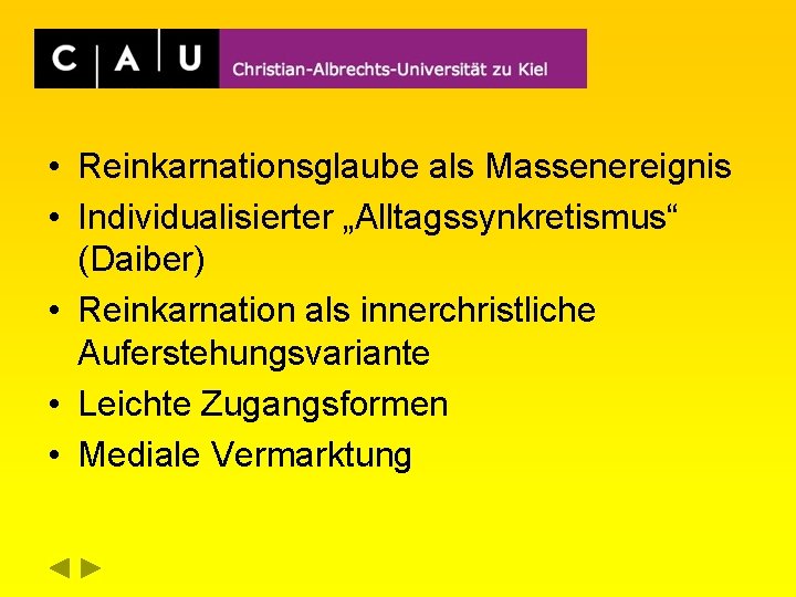  • Reinkarnationsglaube als Massenereignis • Individualisierter „Alltagssynkretismus“ (Daiber) • Reinkarnation als innerchristliche Auferstehungsvariante