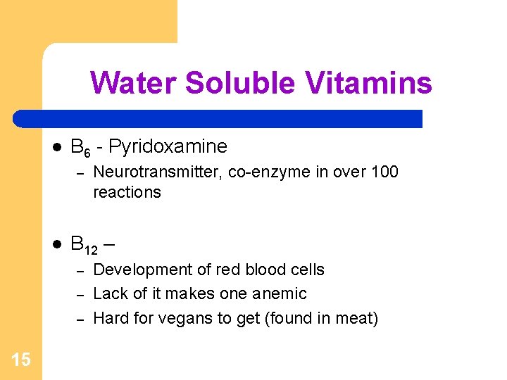 Water Soluble Vitamins l B 6 - Pyridoxamine – l B 12 – –