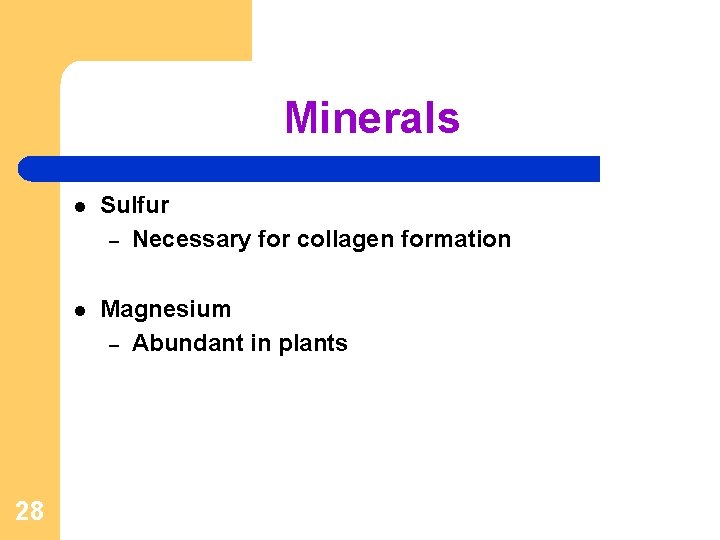 Minerals 28 l Sulfur – Necessary for collagen formation l Magnesium – Abundant in