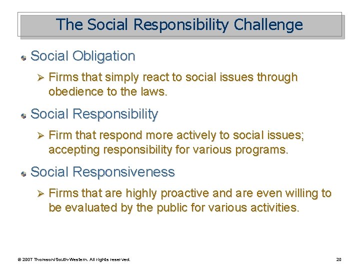 The Social Responsibility Challenge Social Obligation Ø Firms that simply react to social issues